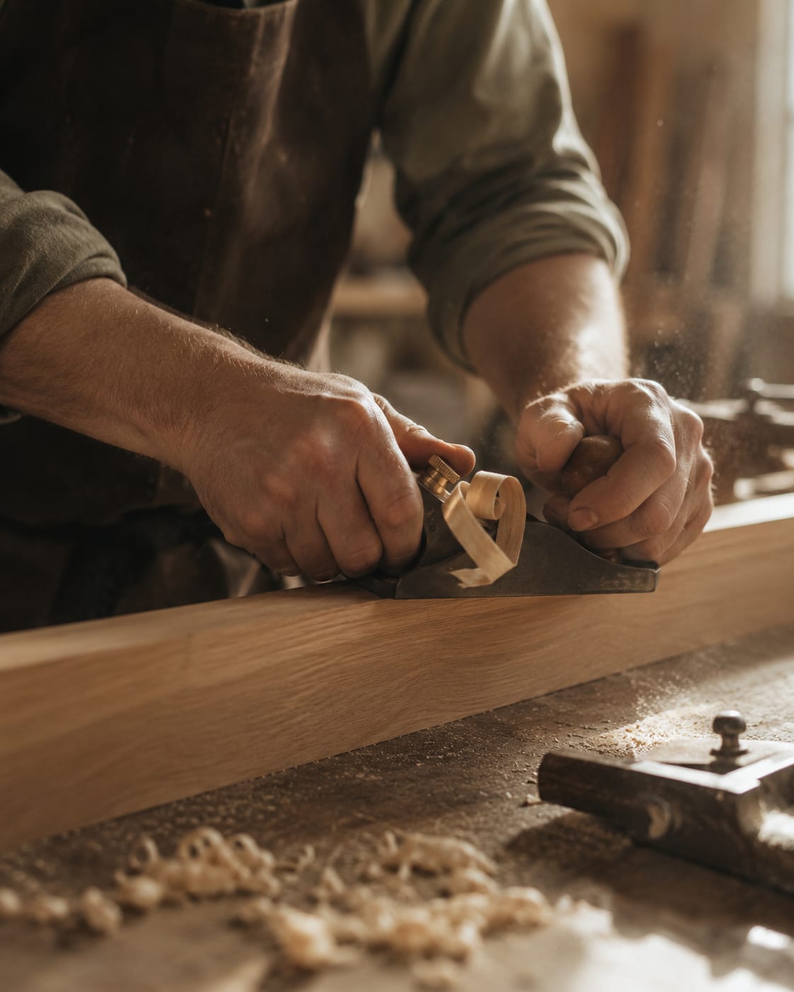 Un maestro ebanista guía un cepillo de mano sobre una tabla de roble europeo, con virutas curvándose bajo la luz del taller