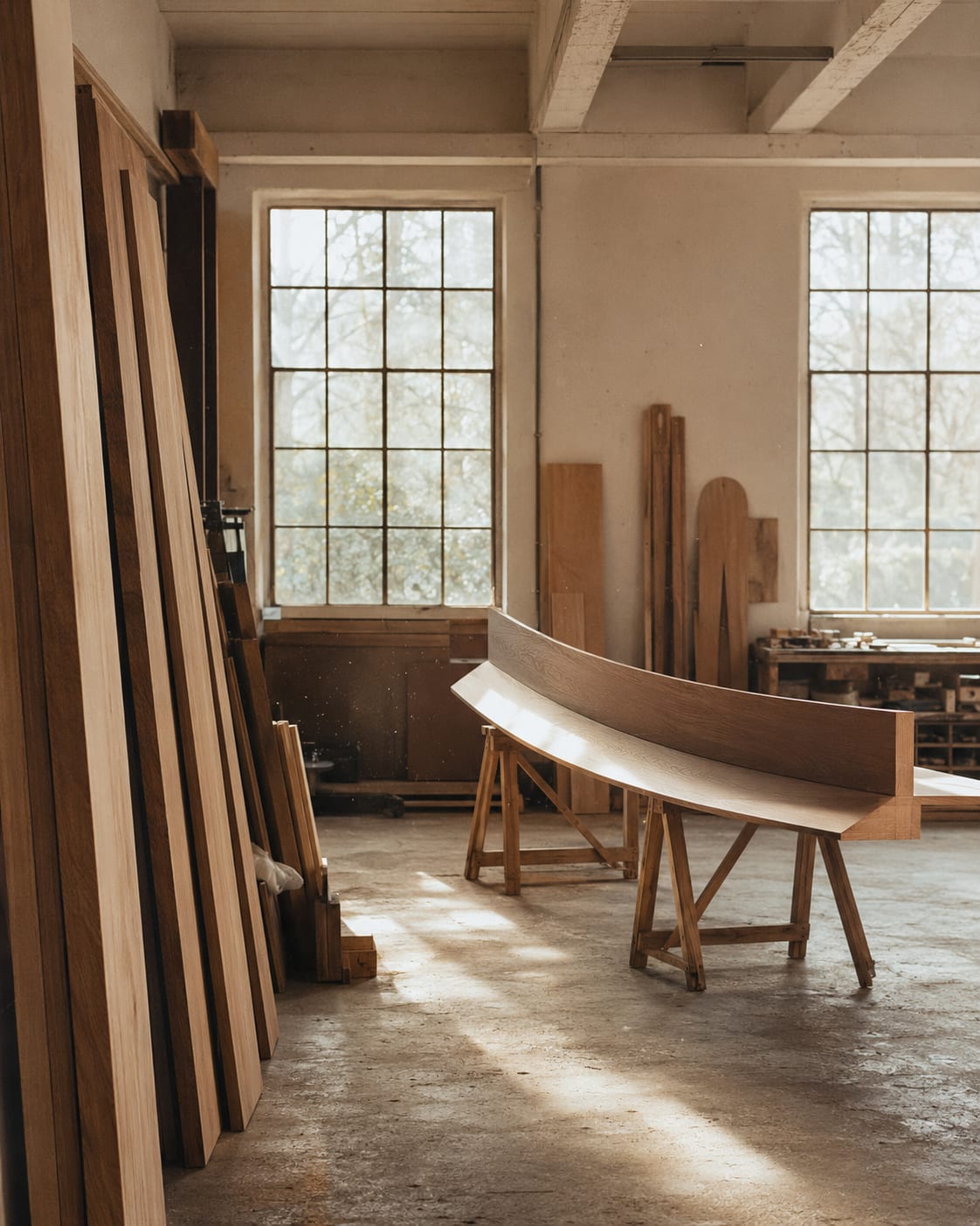 Tablas apiladas de roble y nogal y un panel curvo de ebanistería bajo ventanales del atelier del Véneto