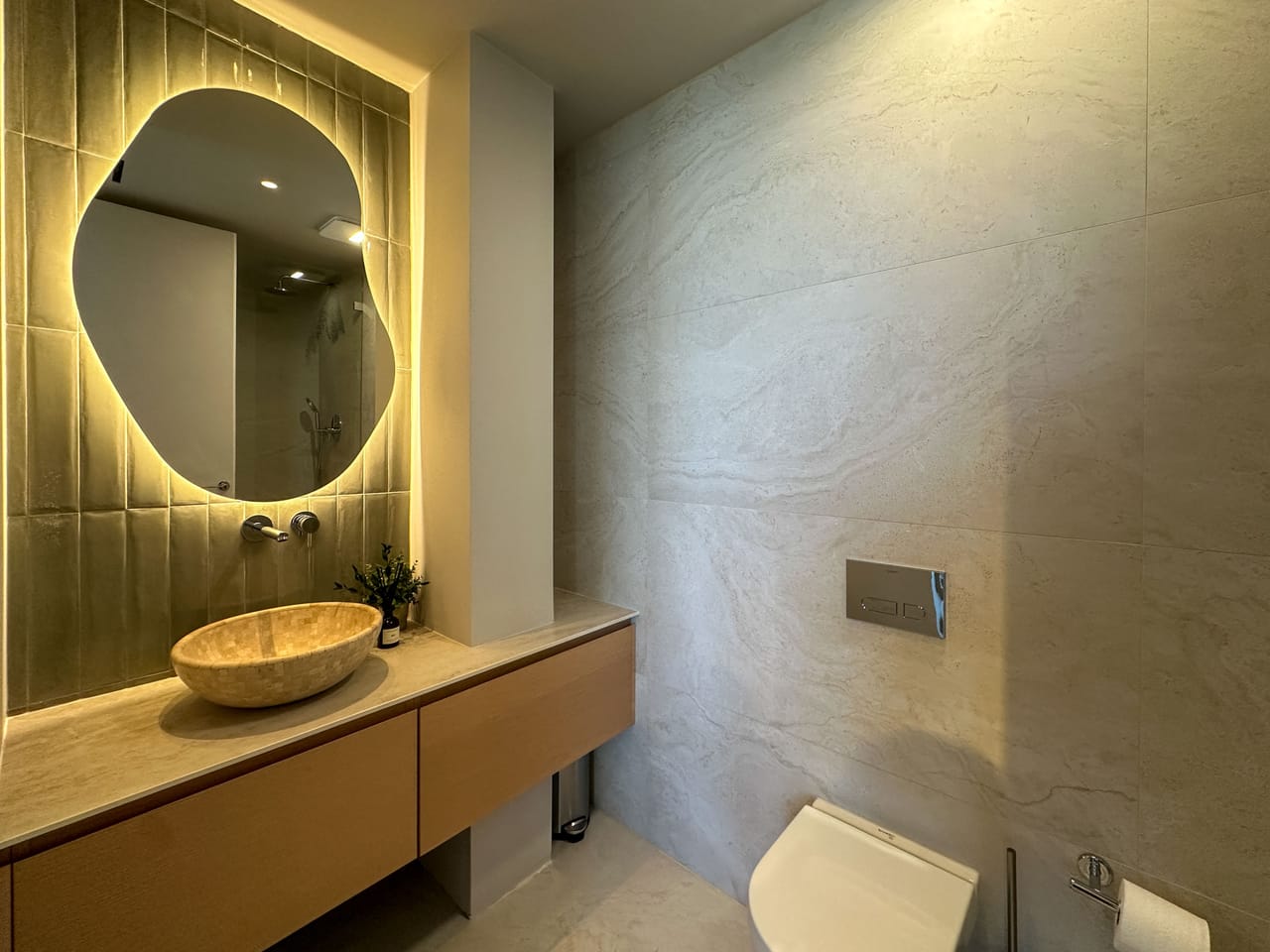 Vanity with a back-lit organic mirror and a stone vessel basin
