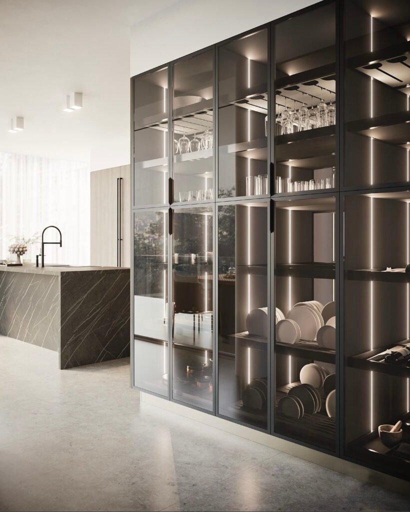 Italian custom kitchen cabinets led glass door